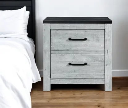 24" Gray And Black Two Drawer Wood Nightstand