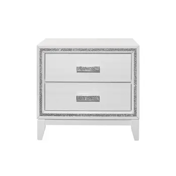 26" White Two Drawer Faux Crystal Bling Wood Nightstand