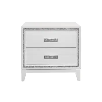 26" White Two Drawer Faux Crystal Bling Wood Nightstand