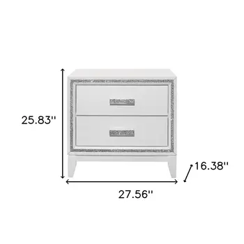 26" White Two Drawer Faux Crystal Bling Wood Nightstand