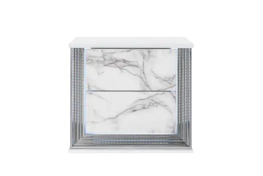 25" White Wood Faux Marble Solid and Manufactured Wood Lighted Two Drawer Nightstand with USB Port