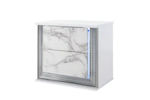 25" White Wood Faux Marble Solid and Manufactured Wood Lighted Two Drawer Nightstand with USB Port