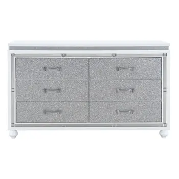 58" White And Silver Faux Crystal Bling Wood Six Drawer Double Dresser
