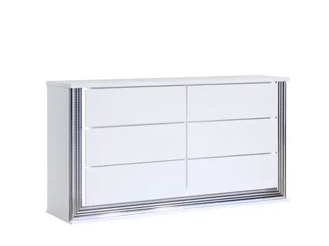 61" White Wood Lighted Six Drawer Double Dresser