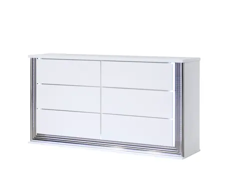 61" White Wood Lighted Six Drawer Double Dresser