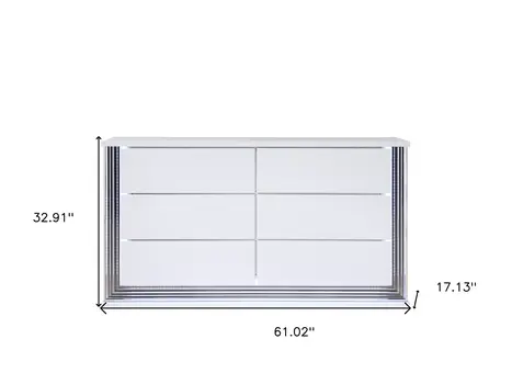 61" White Wood Lighted Six Drawer Double Dresser