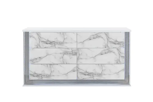 61" White Faux Marble And Wood Lighted Six Drawer Double Dresser