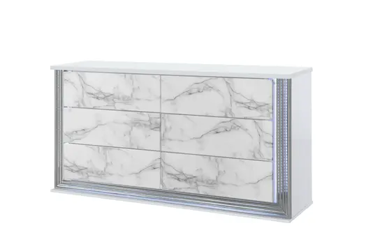 61" White Faux Marble And Wood Lighted Six Drawer Double Dresser