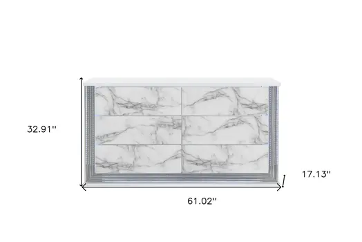 61" White Faux Marble And Wood Lighted Six Drawer Double Dresser