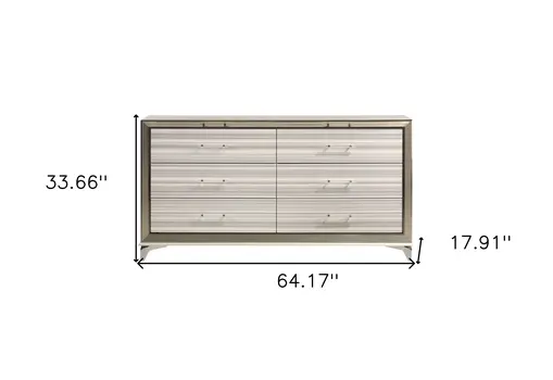 64" White And Silver Wood Six Drawer Double Dresser