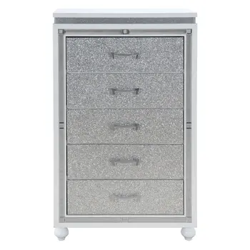 52" White Faux Crystal Bling Wood Five Drawer Dresser