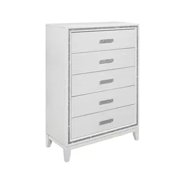 49" White And Silver And Faux Wood And Crystal Bling Lighted Five Drawer Dresser
