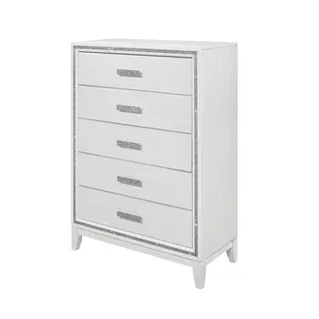 49" White And Silver And Faux Wood And Crystal Bling Lighted Five Drawer Dresser