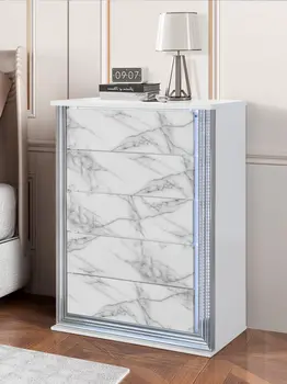 49" Silver And White Wood Faux Marble Lighted Five Drawer Dresser