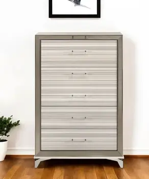 53" Beige And White Wood Lighted Five Drawer Dresser