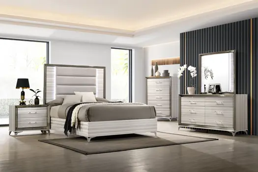 53" Beige And White Wood Lighted Five Drawer Dresser
