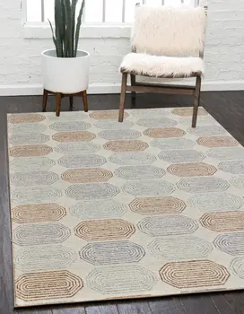 5' X 8' Ivory and Silver Wool Abstract Geometric Hand Tufted Non Skid Area Rug