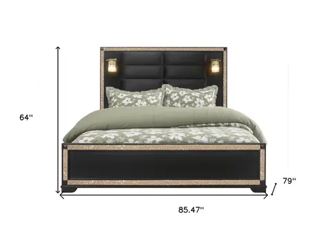 Black Faux Crystal Bling Wood And Upholstery Lighted King Bed Frame