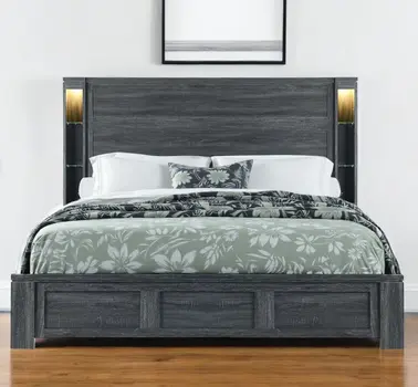 Dark Gray Distressed Wood Lighted King Bed Frame