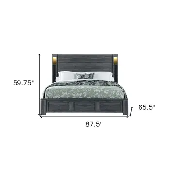 Dark Gray Distressed Wood Lighted Queen Bed Frame