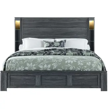 Dark Gray Distressed Wood Lighted Queen Bed Frame