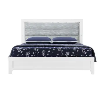 White and Light Gray Ribbed Texture Wood And Upholstery Lighted Queen Bed Frame