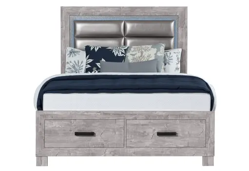 Gray Ribbed Texture Wood And Faux Leather Full Bed Frame With Two Drawers