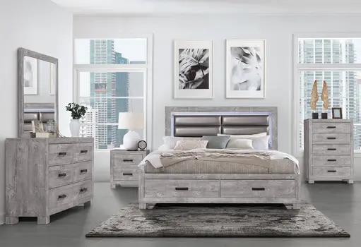 Gray Ribbed Texture Wood And Faux Leather Full Bed Frame With Two Drawers