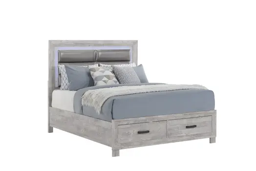 Gray and Silver Faux Crystal Bling Wood And Faux Leather Queen Bed Frame With Two Drawers