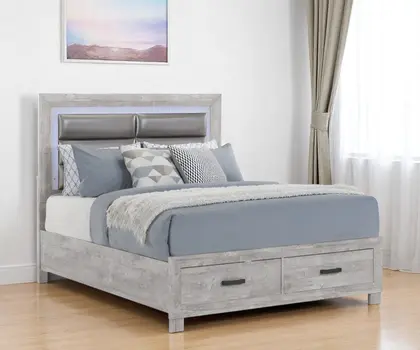 Gray and Silver Faux Crystal Bling Wood And Faux Leather Queen Bed Frame With Two Drawers