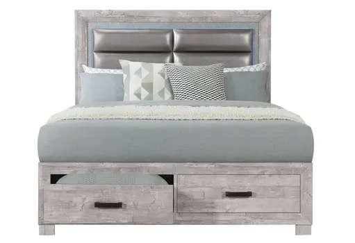 Gray and Silver Faux Crystal Bling Wood And Faux Leather Queen Bed Frame With Two Drawers