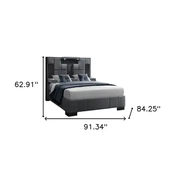 Gray Tufted Upholstery Lighted King Bed Frame