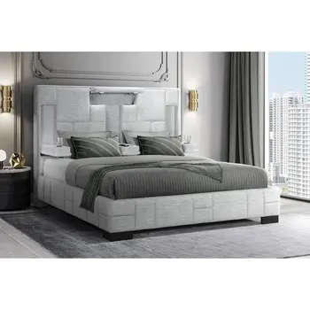 Black and Gray And Upholstered Lighted Queen Bed Frame with USB