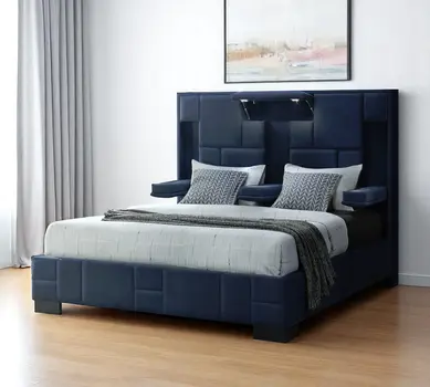 Navy Blue Tufted Upholstered Lighted King Bed Frame