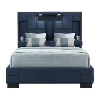 Navy Blue And Upholstered Lighted Queen Bed Frame with USB