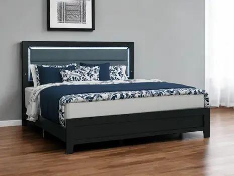 Black and Gray Wood And Velvet Lighted King Bed Frame