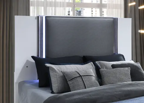 White and Gray Wood And Faux Leather Lighted King Bed Frame
