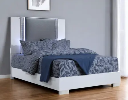 White and Gray Wood And Faux Leather Lighted Queen Bed Frame