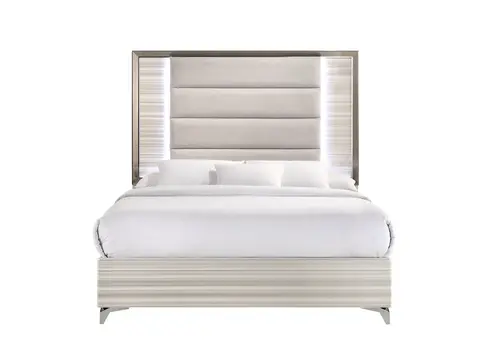 Beige White And Chrome Wood Upholstered Lighted Queen Bed Frame