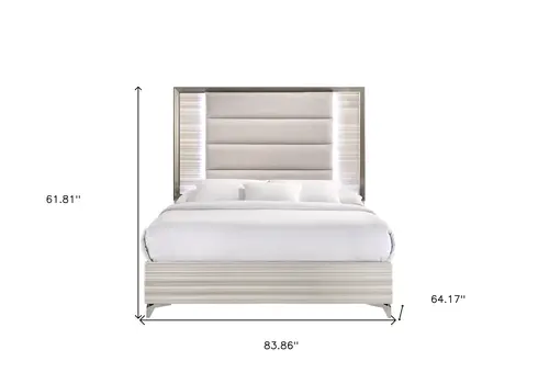 Beige White And Chrome Wood Upholstered Lighted Queen Bed Frame