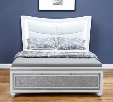 Silver And White Faux Crystal Bling Wood And Upholstery Lighted Full Bed Frame