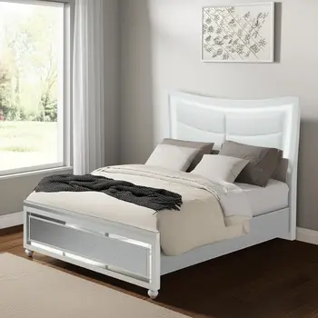 White and Silver Faux Crystal Bling Wood And Upholstery Lighted King Bed Frame