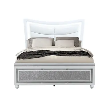 White and Silver Faux Crystal Bling Wood And Upholstery Lighted King Bed Frame
