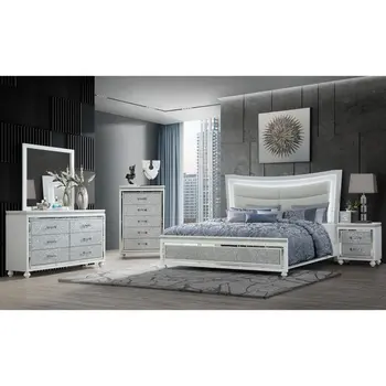 White and Silver Faux Crystal Bling Wood And Upholstery Lighted King Bed Frame