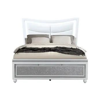 White and Silver Faux Crystal Bling Wood And Upholstery Lighted King Bed Frame