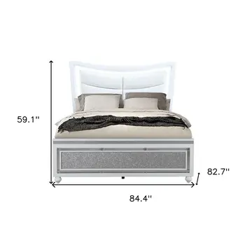 White and Silver Faux Crystal Bling Wood And Upholstery Lighted King Bed Frame