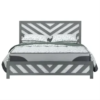 Gray And White Carved Geometric King Bed Frame