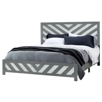 Gray And White Carved Geometric King Bed Frame