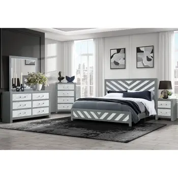 Gray And White Carved Geometric King Bed Frame