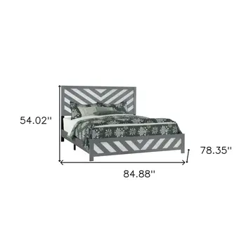 Gray And White Carved Geometric King Bed Frame
